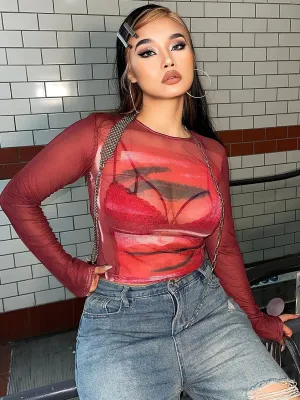 Loi Plus Size Image Print Red Retro Sheer Mesh Long Sleeve Slim Top