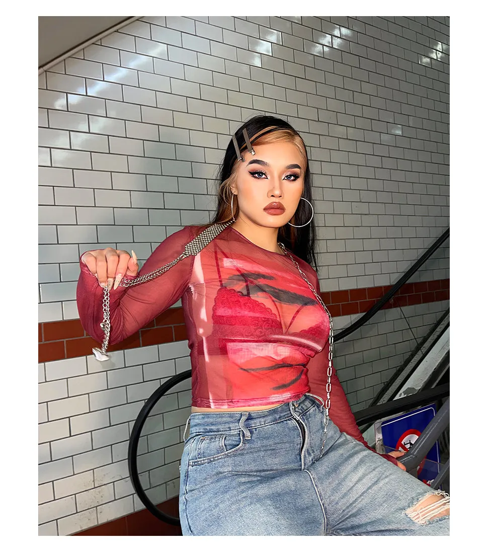 Loi Plus Size Image Print Red Retro Sheer Mesh Long Sleeve Slim Top