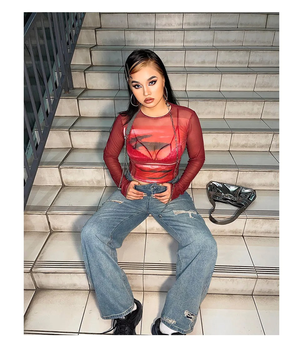 Loi Plus Size Image Print Red Retro Sheer Mesh Long Sleeve Slim Top
