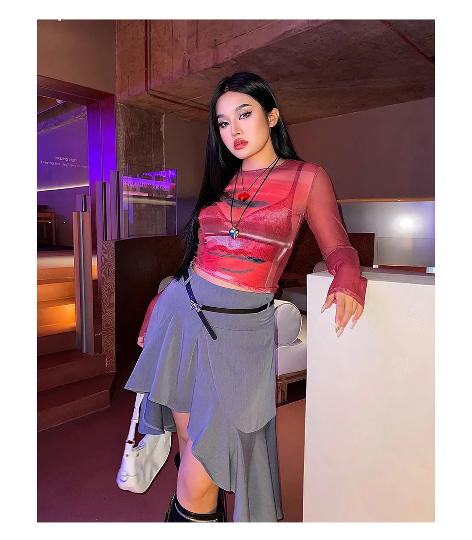 Loi Plus Size Image Print Red Retro Sheer Mesh Long Sleeve Slim Top