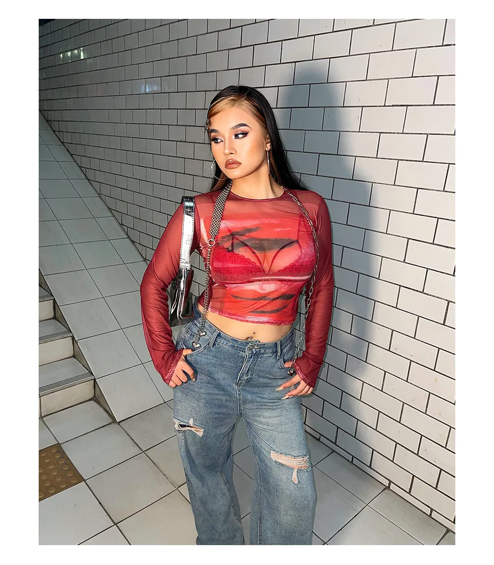 Loi Plus Size Image Print Red Retro Sheer Mesh Long Sleeve Slim Top
