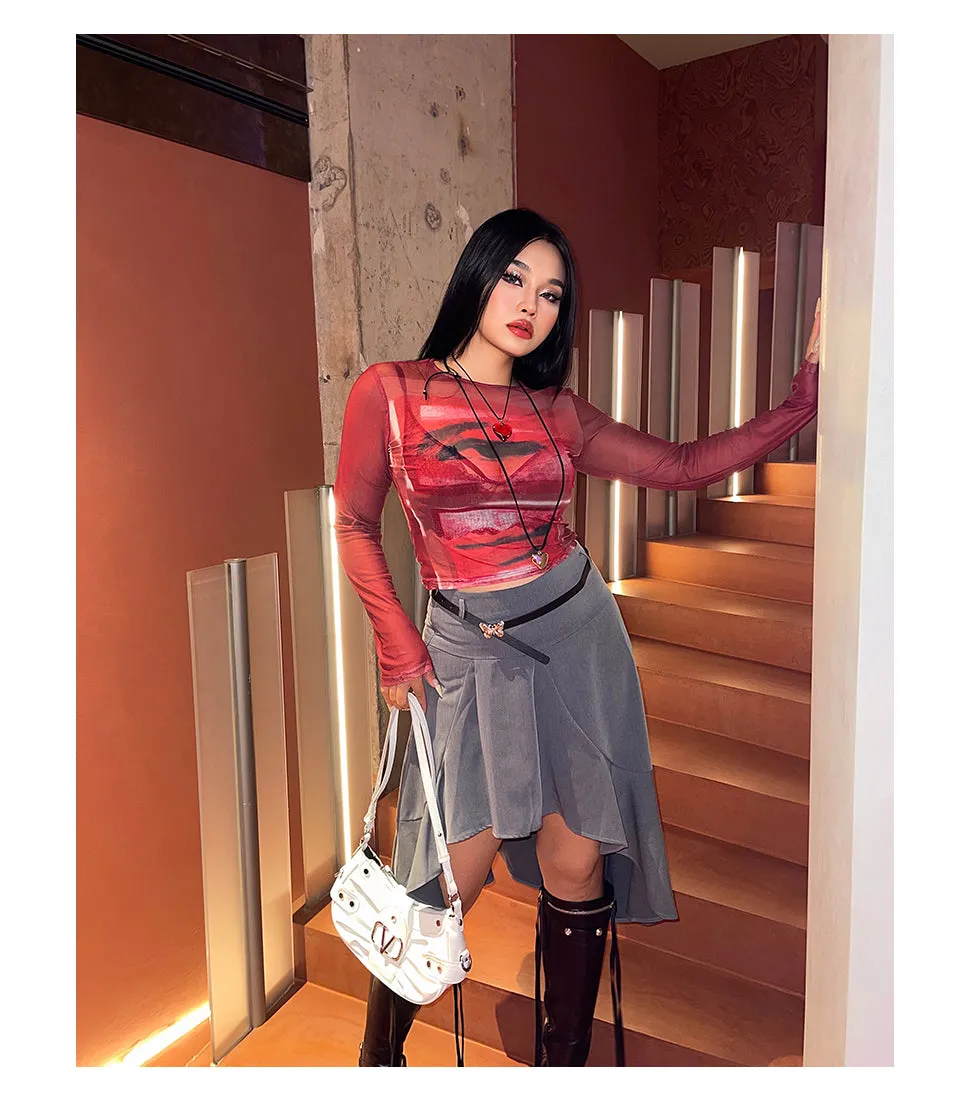 Loi Plus Size Image Print Red Retro Sheer Mesh Long Sleeve Slim Top