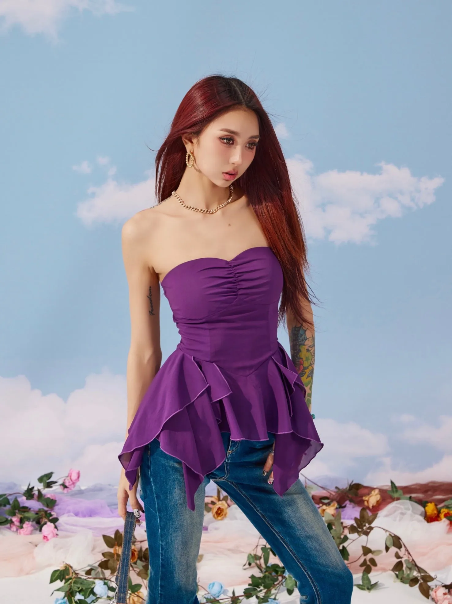 Lola Solid Color White Purple Bandeau Sleeveless Ruffle Pleated Top