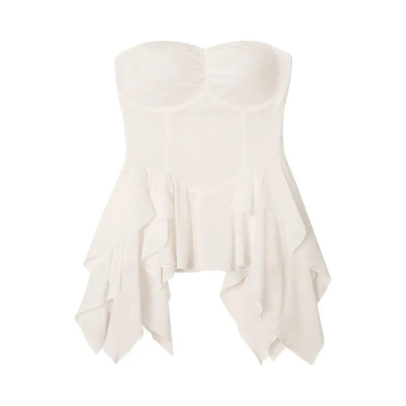 Lola Solid Color White Purple Bandeau Sleeveless Ruffle Pleated Top