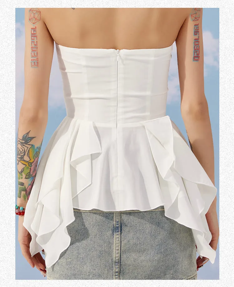 Lola Solid Color White Purple Bandeau Sleeveless Ruffle Pleated Top