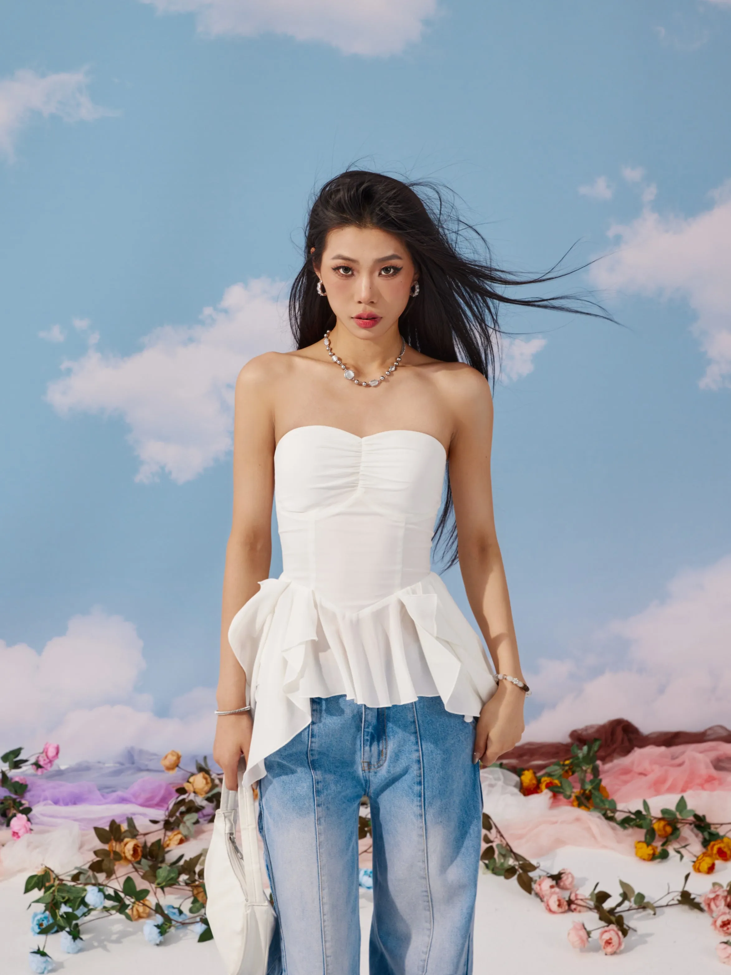Lola Solid Color White Purple Bandeau Sleeveless Ruffle Pleated Top