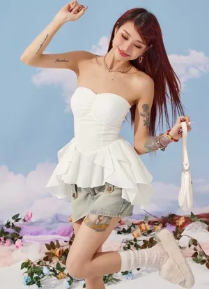 Lola Solid Color White Purple Bandeau Sleeveless Ruffle Pleated Top