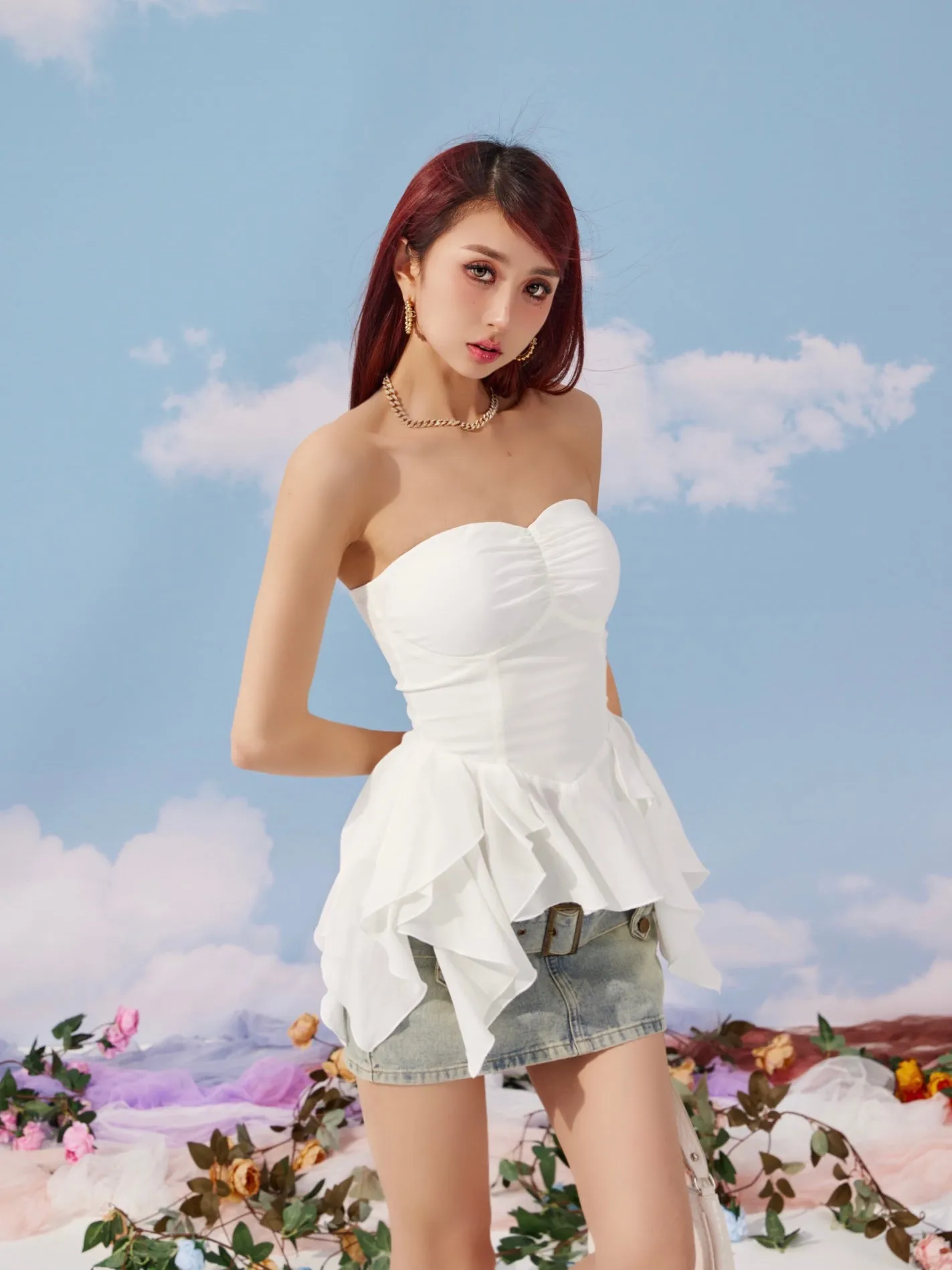 Lola Solid Color White Purple Bandeau Sleeveless Ruffle Pleated Top