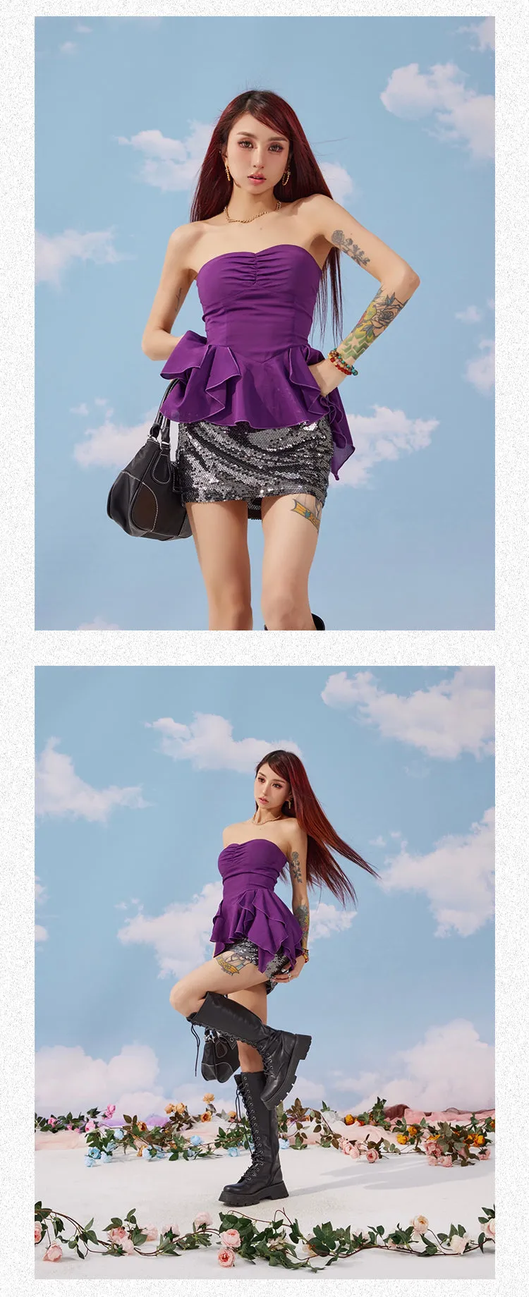 Lola Solid Color White Purple Bandeau Sleeveless Ruffle Pleated Top