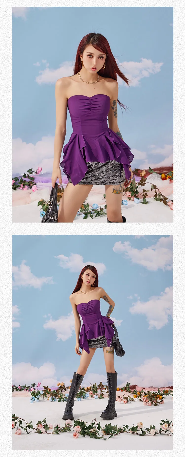 Lola Solid Color White Purple Bandeau Sleeveless Ruffle Pleated Top