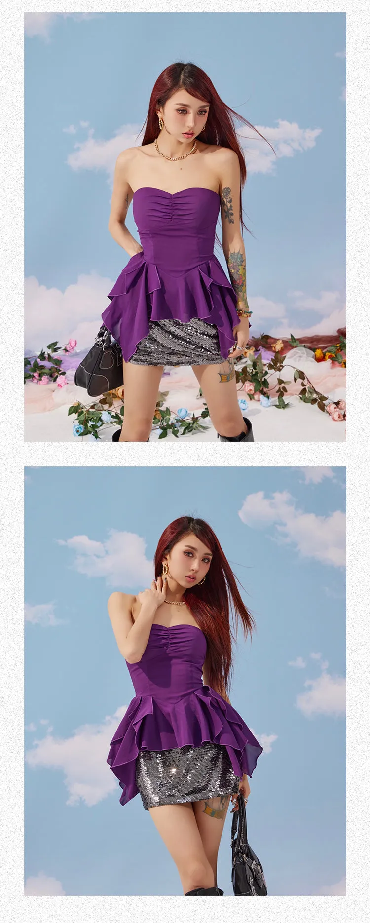 Lola Solid Color White Purple Bandeau Sleeveless Ruffle Pleated Top