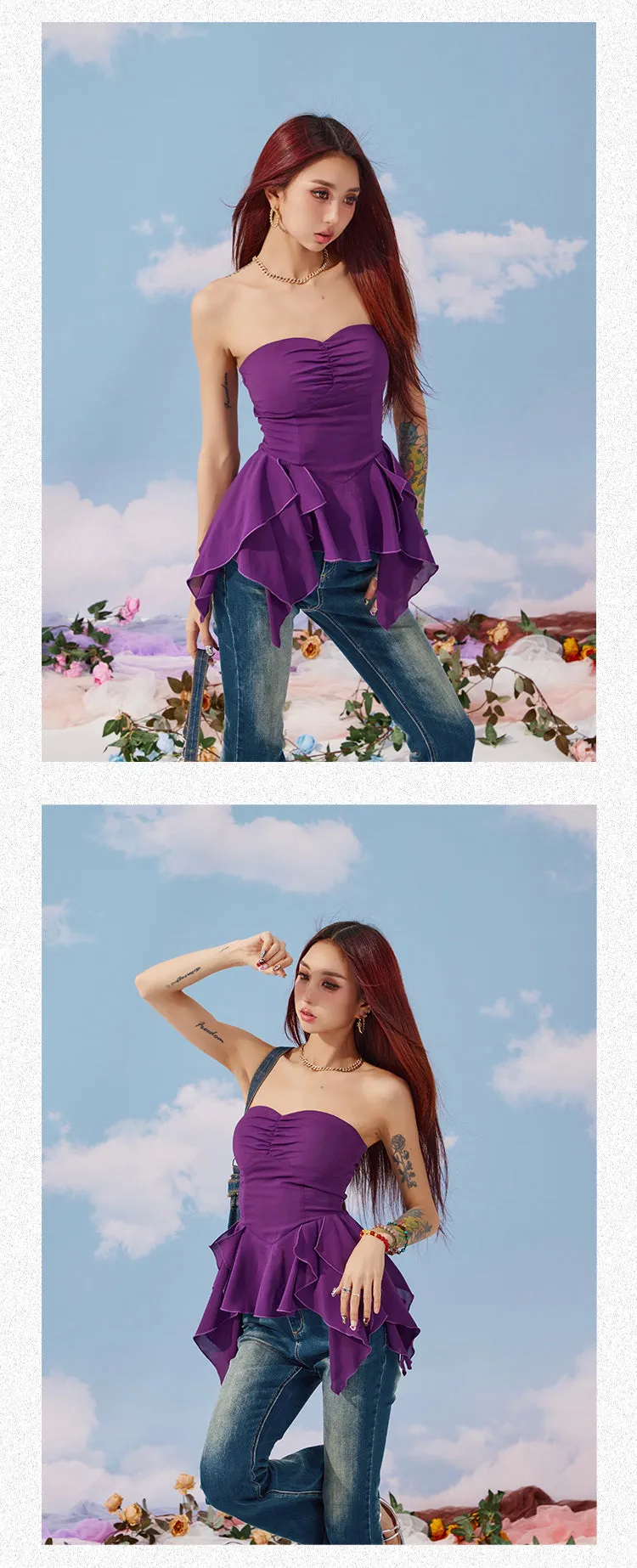 Lola Solid Color White Purple Bandeau Sleeveless Ruffle Pleated Top