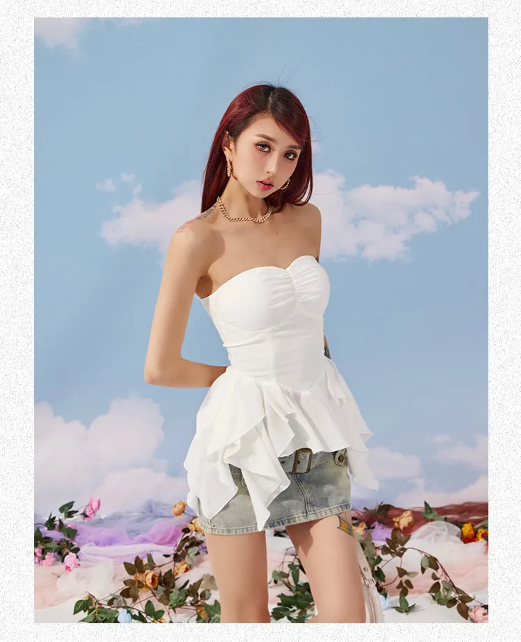Lola Solid Color White Purple Bandeau Sleeveless Ruffle Pleated Top