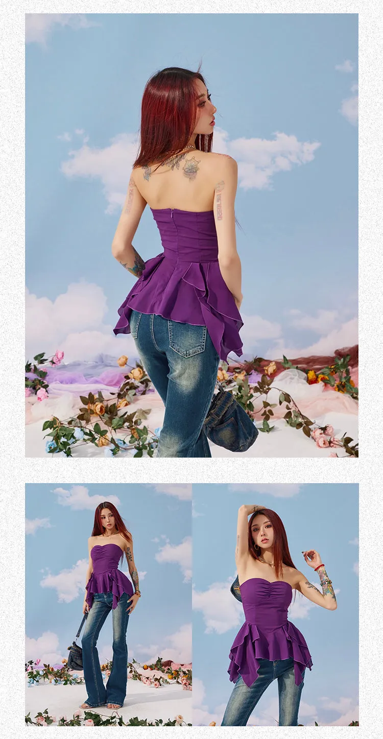Lola Solid Color White Purple Bandeau Sleeveless Ruffle Pleated Top