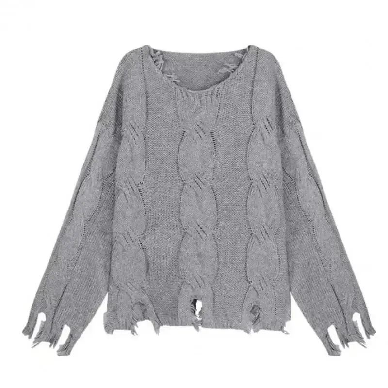 Long KNITTED PULLOVER with RIPPING - Grey