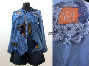 Long Sleeve Boho Chic Denim Shirt,M/L Embroidered Shirt for Women