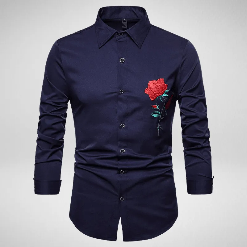 Long Sleeve Embroidered Rose Casual Shirt