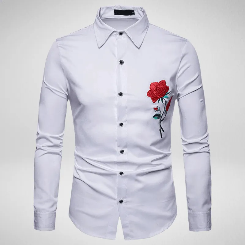 Long Sleeve Embroidered Rose Casual Shirt