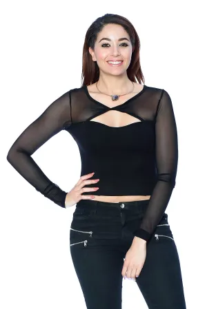 Long Sleeve Mesh Trim Crop Top