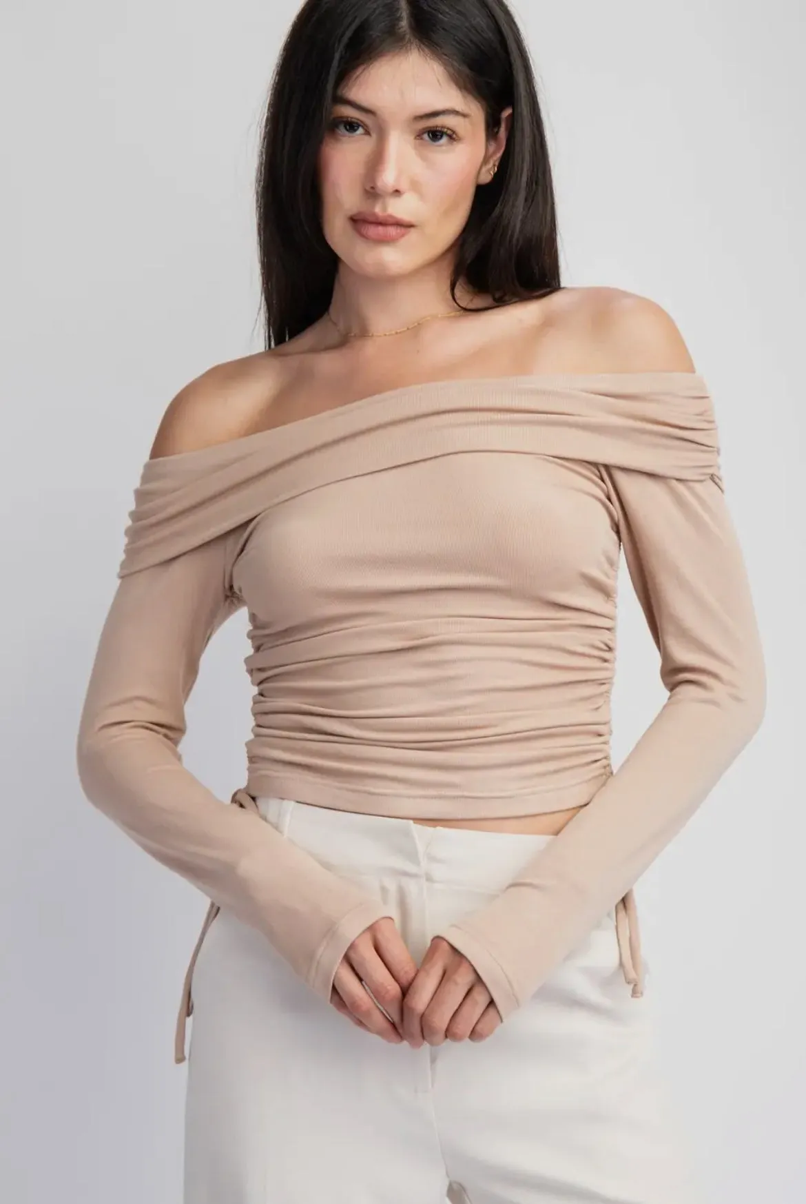 Long Sleeve Side Ruched Off Shoulder Top