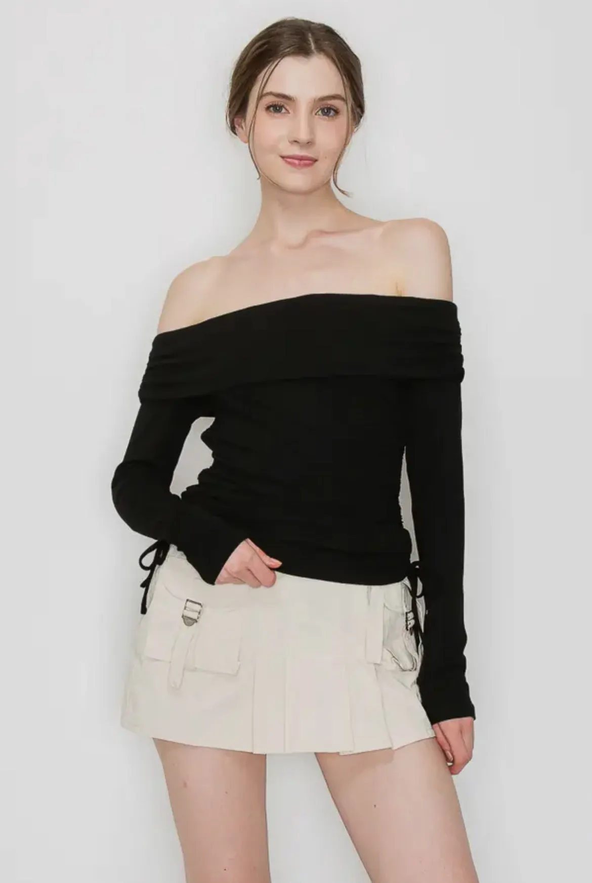 Long Sleeve Side Ruched Off Shoulder Top