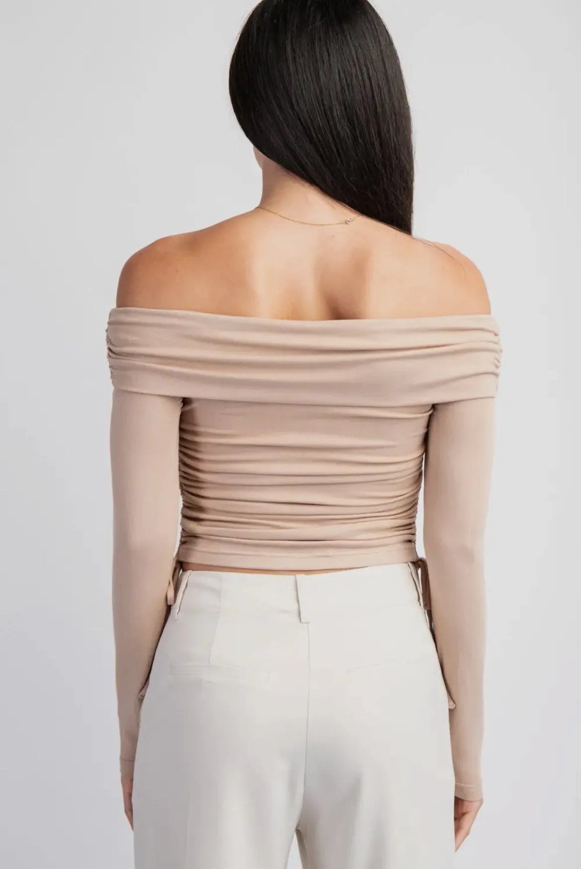 Long Sleeve Side Ruched Off Shoulder Top