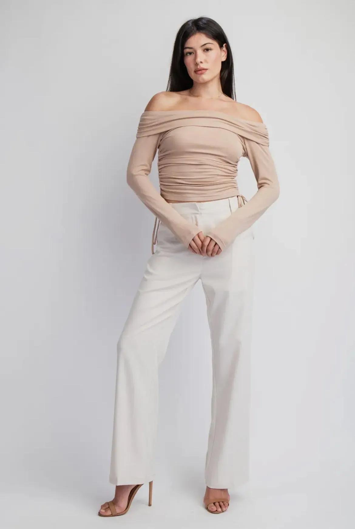 Long Sleeve Side Ruched Off Shoulder Top