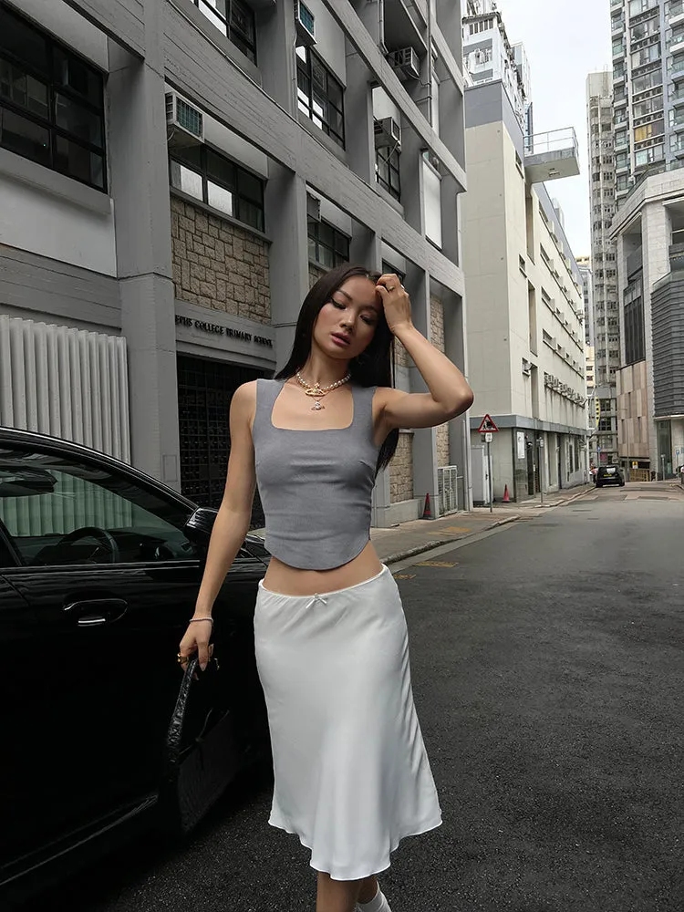 Loria Solid Color Square Neck Wide Strap Slim Cropped Top