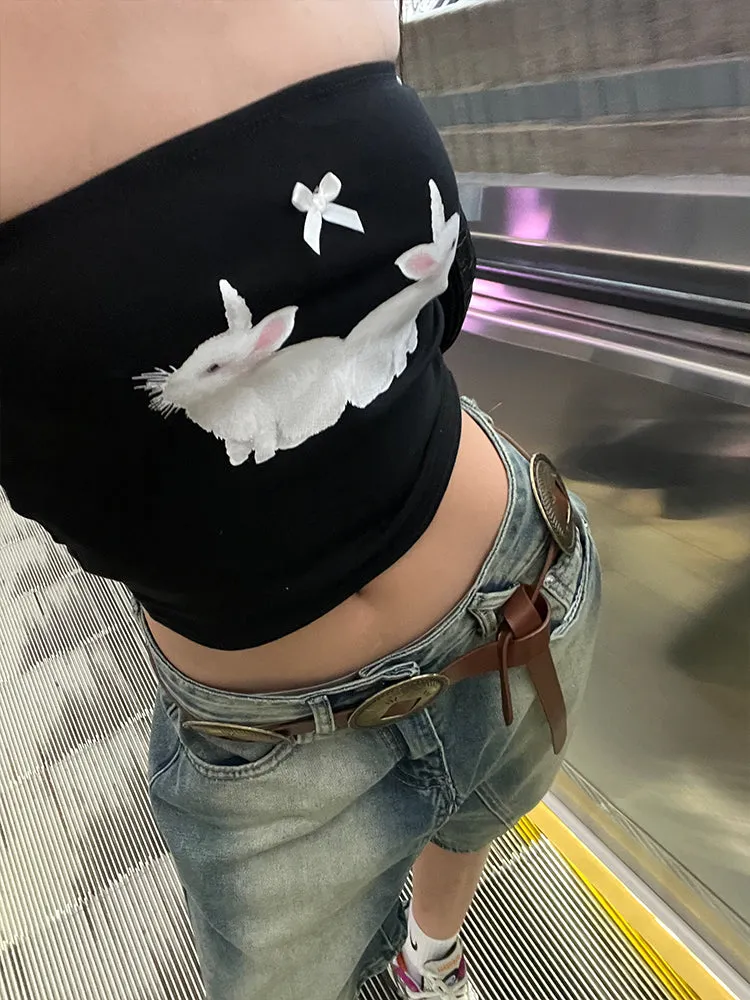 Love Bunnies Graphic Image Print Slim Sleeveless Bandeau Top