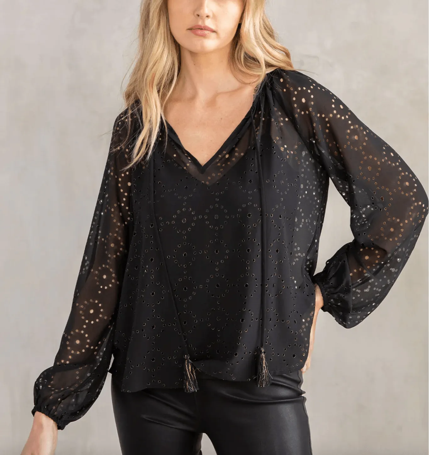 LS 13741WL Sheer Chiffon Long Sleeve Gold Metallic Blouse
