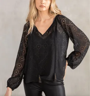 LS 13741WL Sheer Chiffon Long Sleeve Gold Metallic Blouse