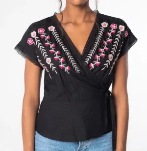 LS 13771W Embroidered Short Sleeve Wrap Front Top