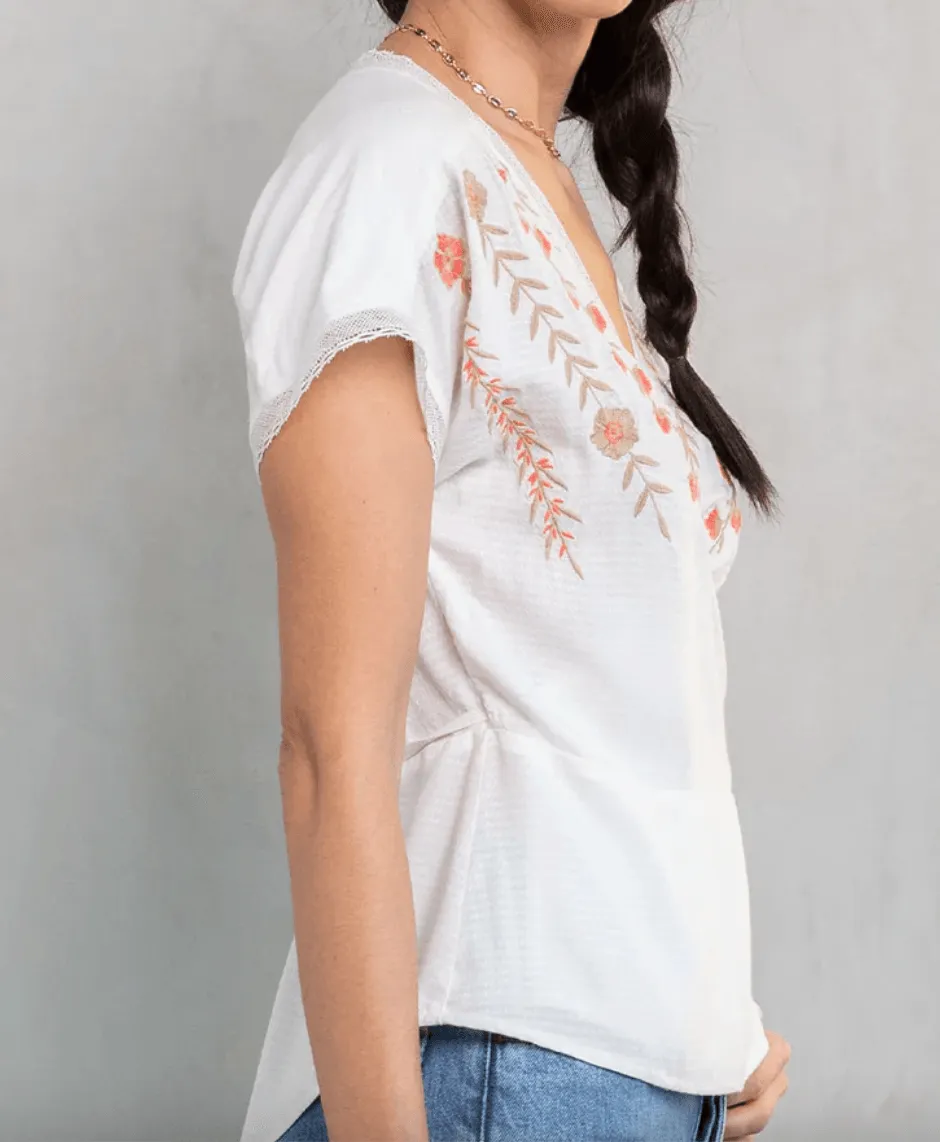LS 13771W Embroidered Short Sleeve Wrap Front Top