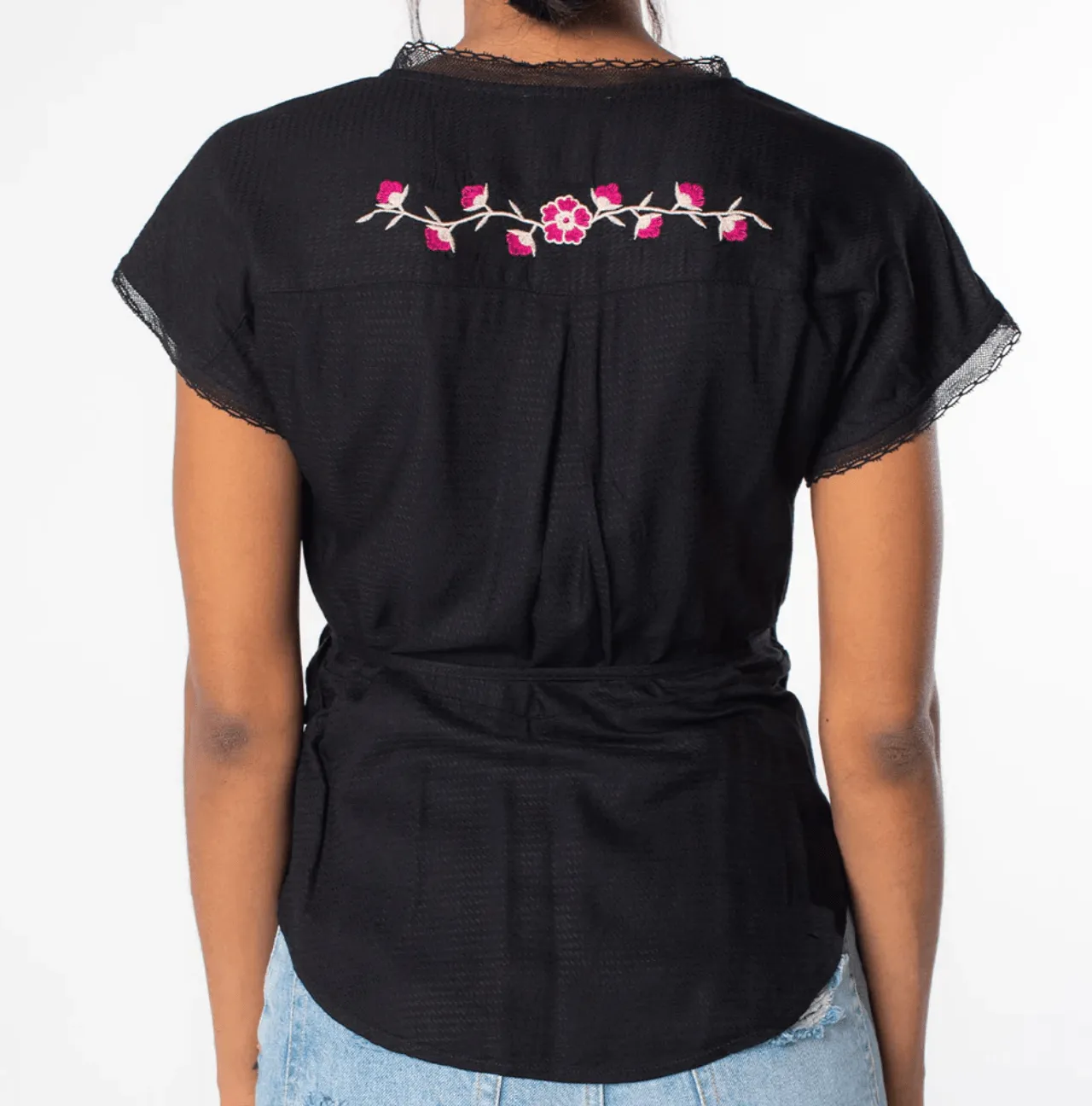 LS 13771W Embroidered Short Sleeve Wrap Front Top