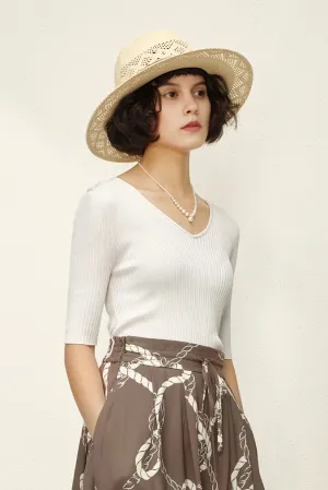Machine Washable 100 Silk Short Sleeve V Neck Ribbed Silk Knit Top
