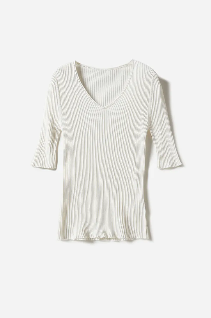Machine Washable 100 Silk Short Sleeve V Neck Ribbed Silk Knit Top