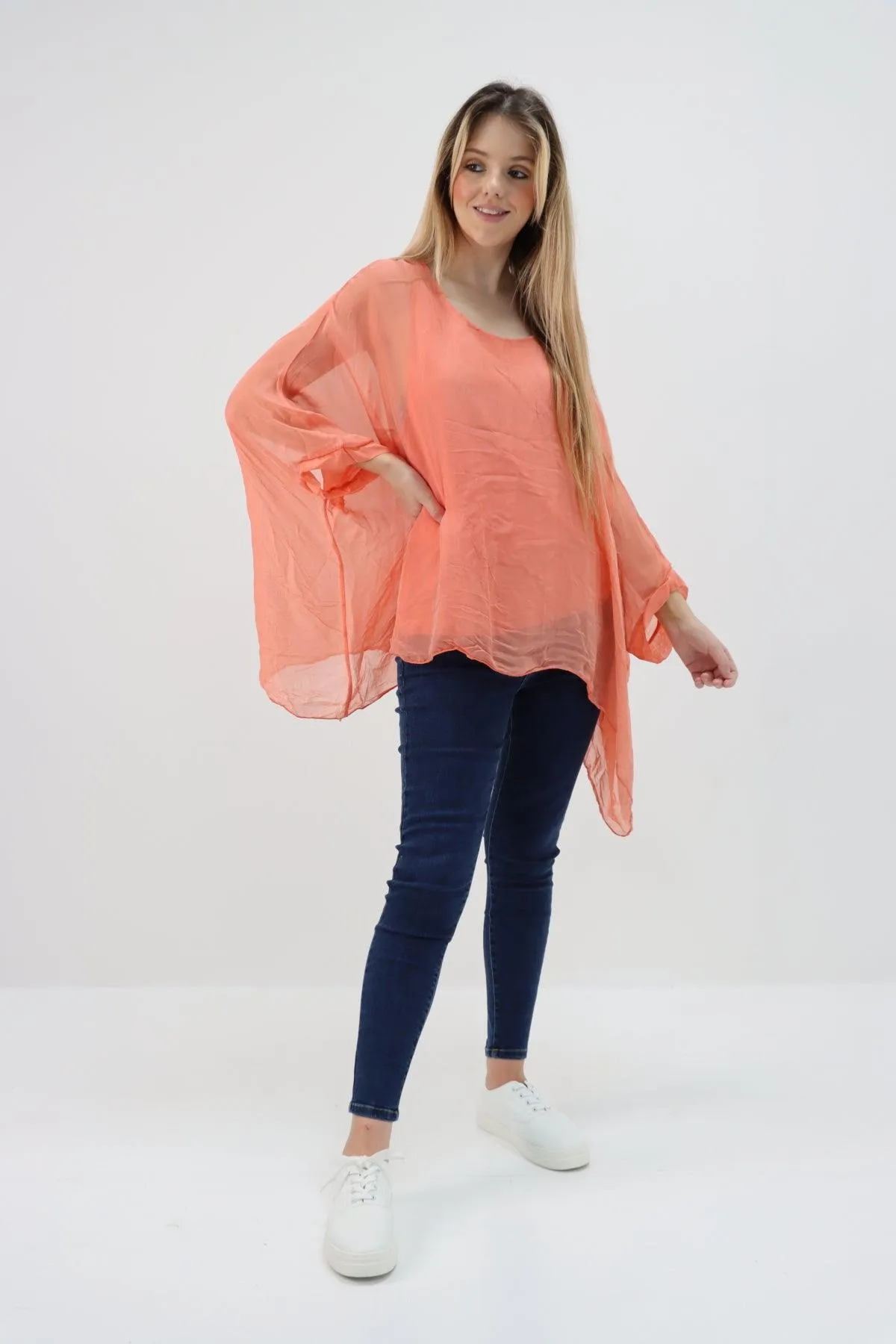 Made In Italy Silk Short Batwing Top