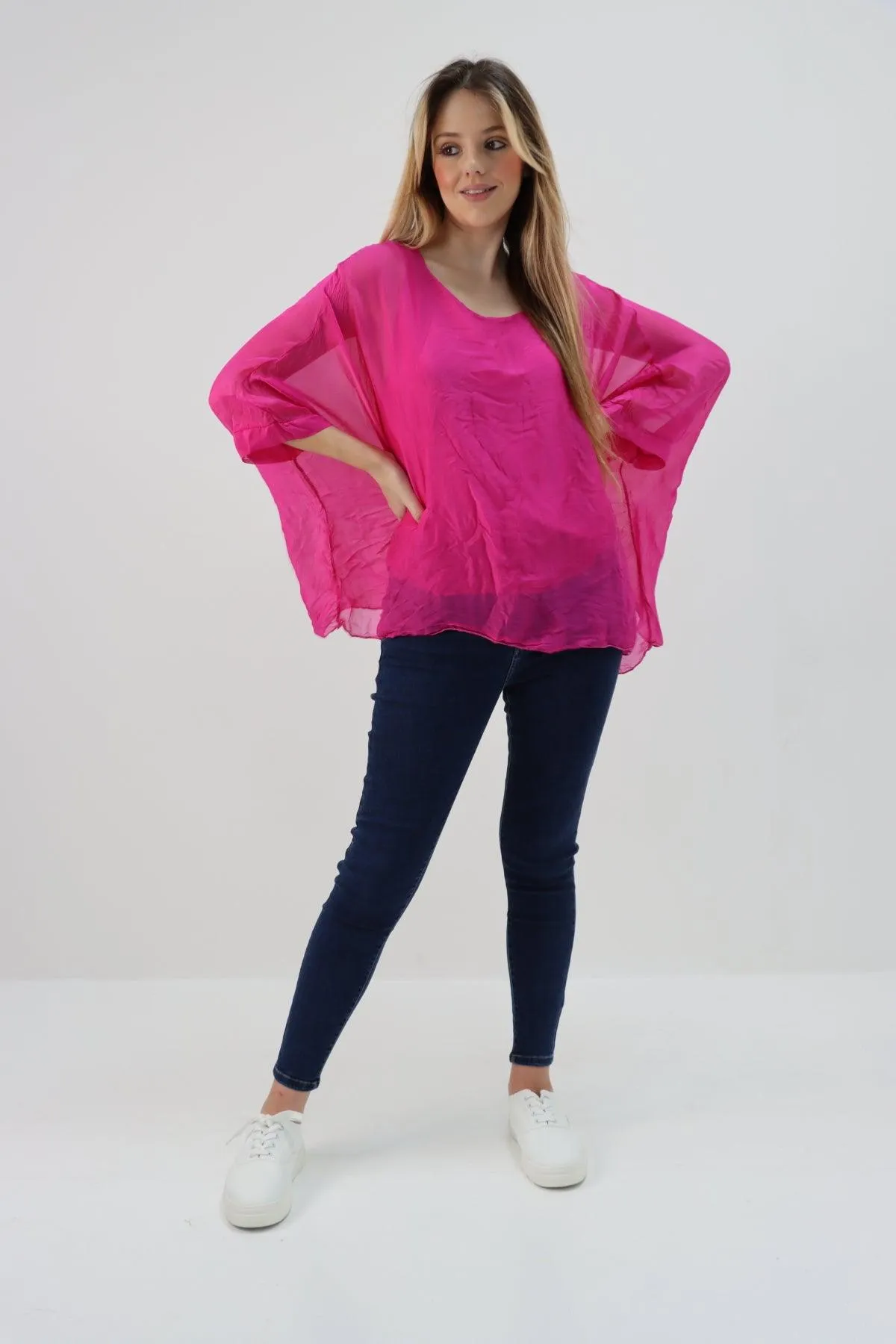 Made In Italy Silk Short Batwing Top