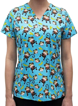 Maevn 1767 MOB Monkey Business Printed V-Neck Scrub Top <br> Sizes S & M