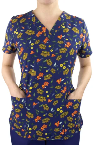 Maevn Women's V-Neck Print Scrub Top 1767 WFW Wildflower Whispers <br> Sizes XS to 2XL