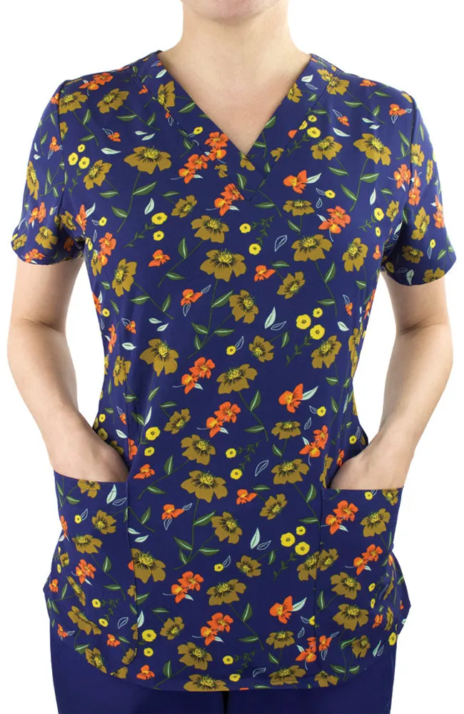 Maevn Women's V-Neck Print Scrub Top 1767 WFW Wildflower Whispers <br> Sizes XS to 2XL