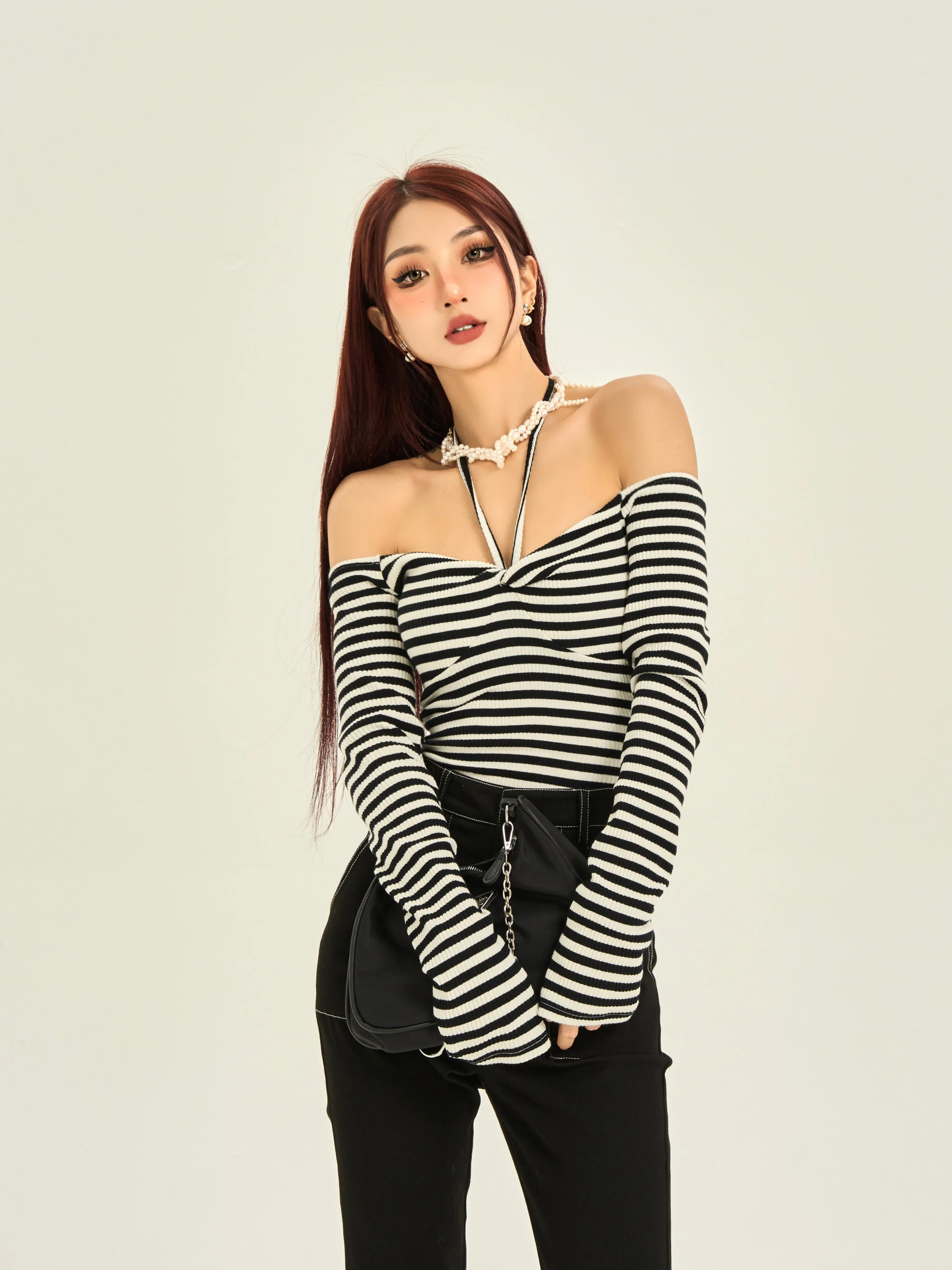 Maia Striped Halter Off The Shoulder Long Sleeve Top