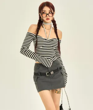 Maia Striped Halter Off The Shoulder Long Sleeve Top