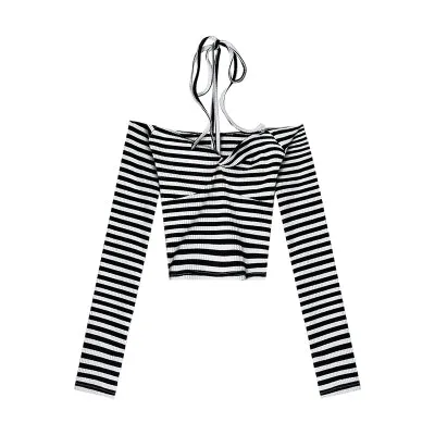 Maia Striped Halter Off The Shoulder Long Sleeve Top