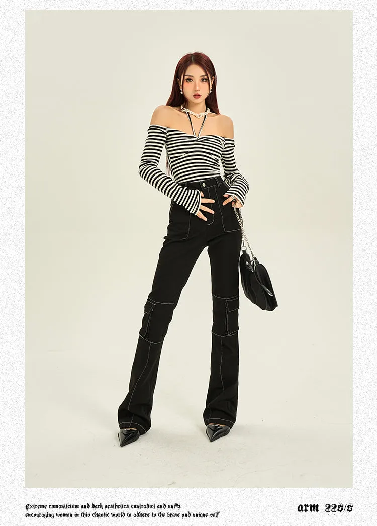 Maia Striped Halter Off The Shoulder Long Sleeve Top