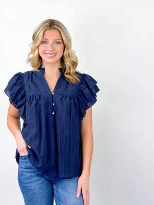 Marlowe - Navy Ruffle Sleeve Top