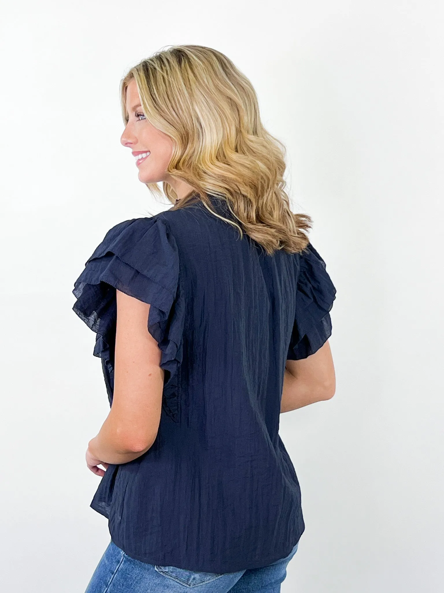 Marlowe - Navy Ruffle Sleeve Top
