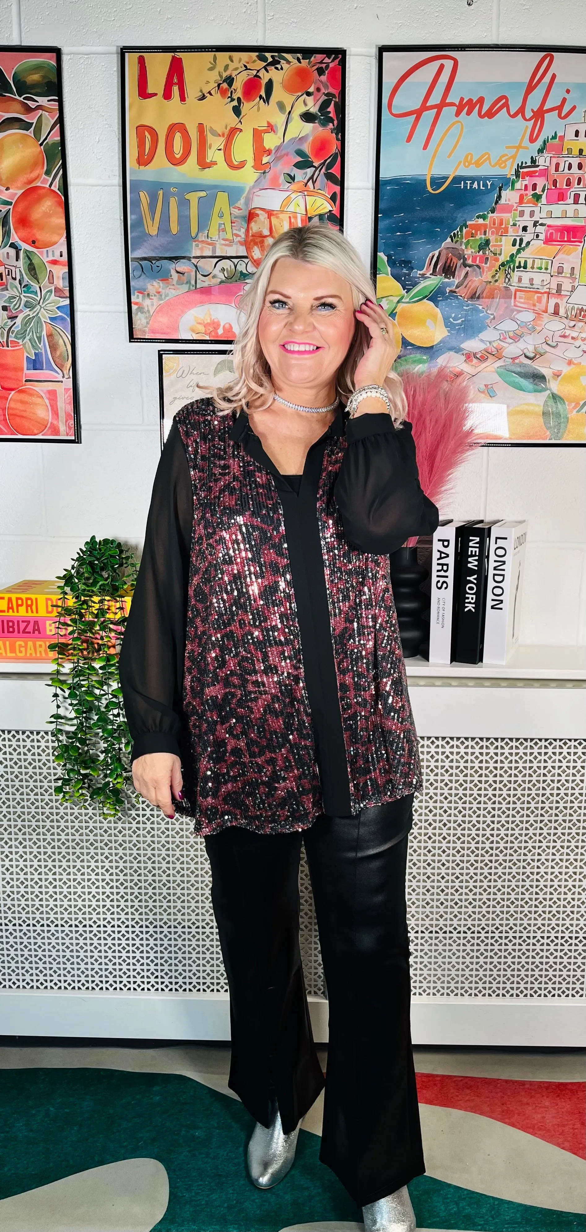Marsha Sequinned Shirt Top - Red