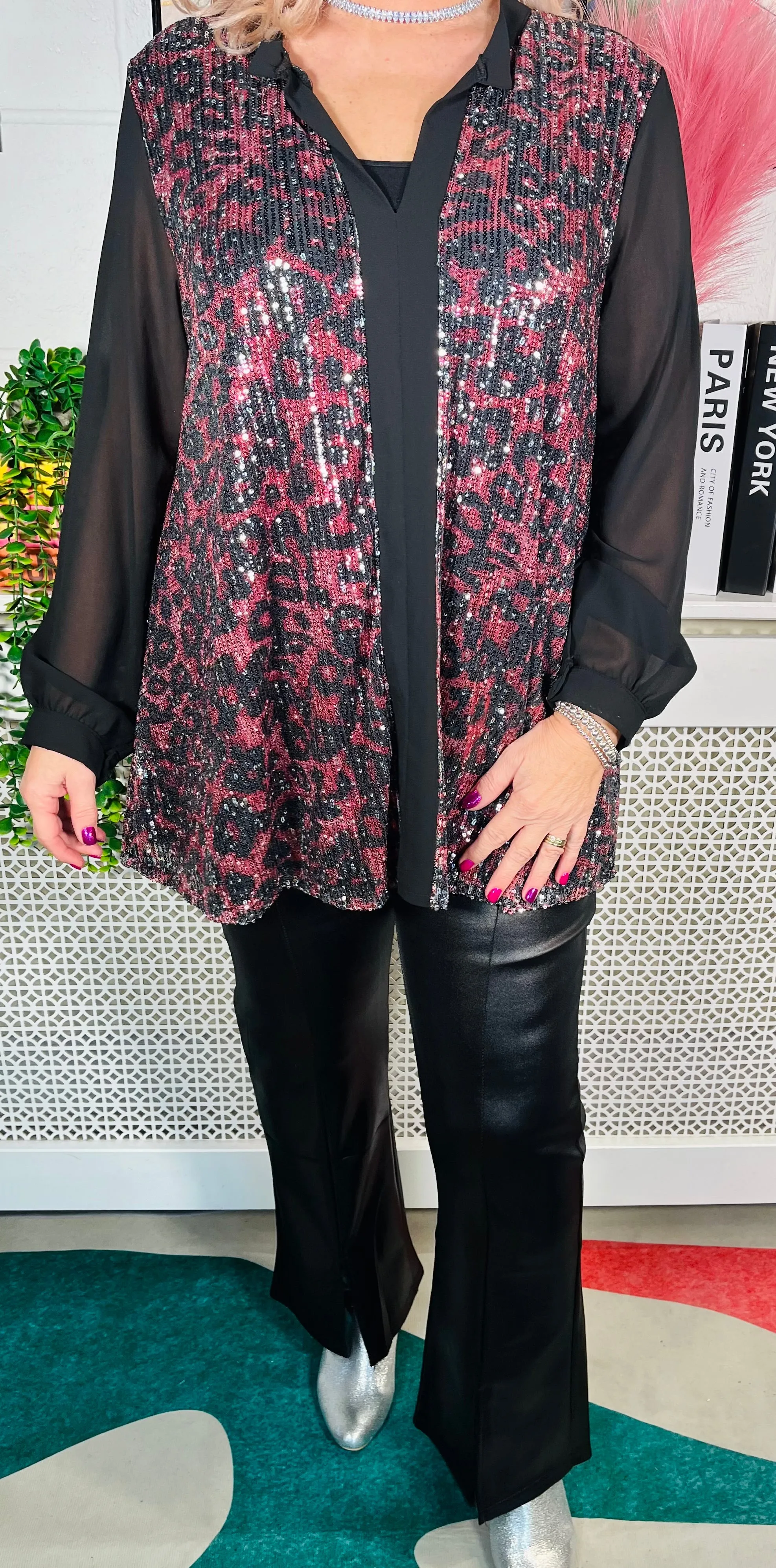 Marsha Sequinned Shirt Top - Red