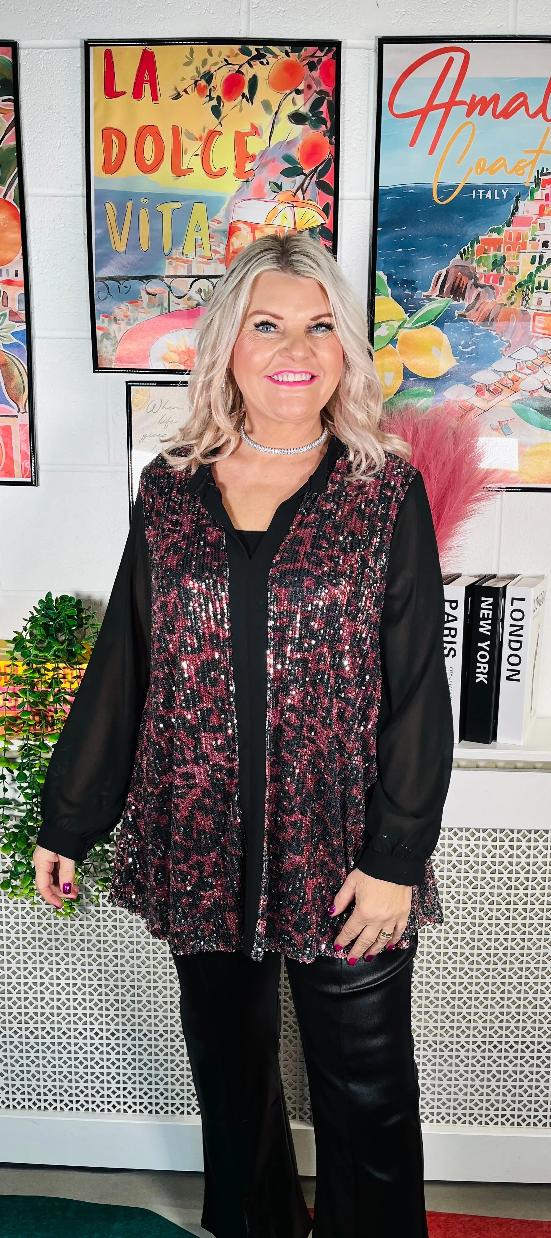 Marsha Sequinned Shirt Top - Red